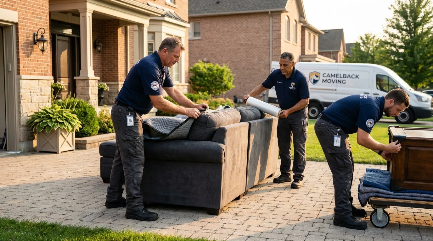 Large estate moving crew wrapping furniture in Winchester, MA
