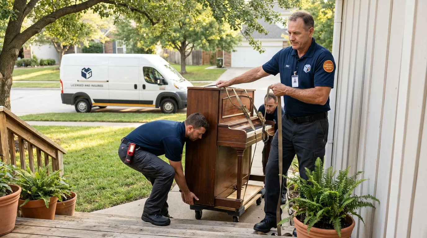 Licensed piano movers securing grand piano in Winchester, MA