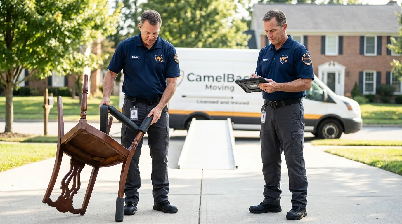 Movers inspecting furniture for damage prevention before loading in Winchester, MA