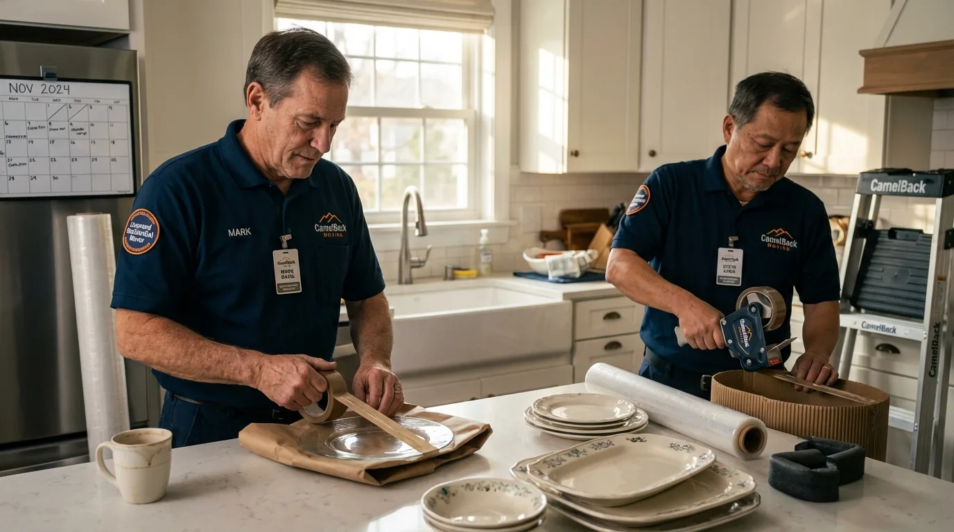 Professional crew packing kitchen dishware in Winchester, MA